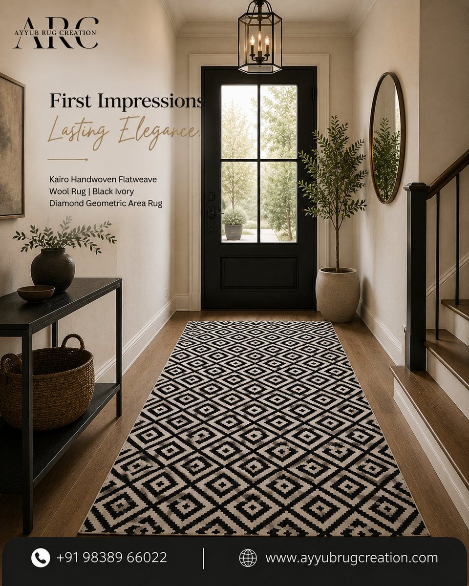 AyyubRug's tweet photo. Elevate every corner of your home with the timeless elegance of the Kairo Handwoven Flatweave Wool Rug. Crafted in a striking Black &amp; Ivory diamond pattern, this handcrafted masterpiece brings warmth, texture, and contemporary sophistication to your bedroom, living room, https://t.co/j5SqJeop6S