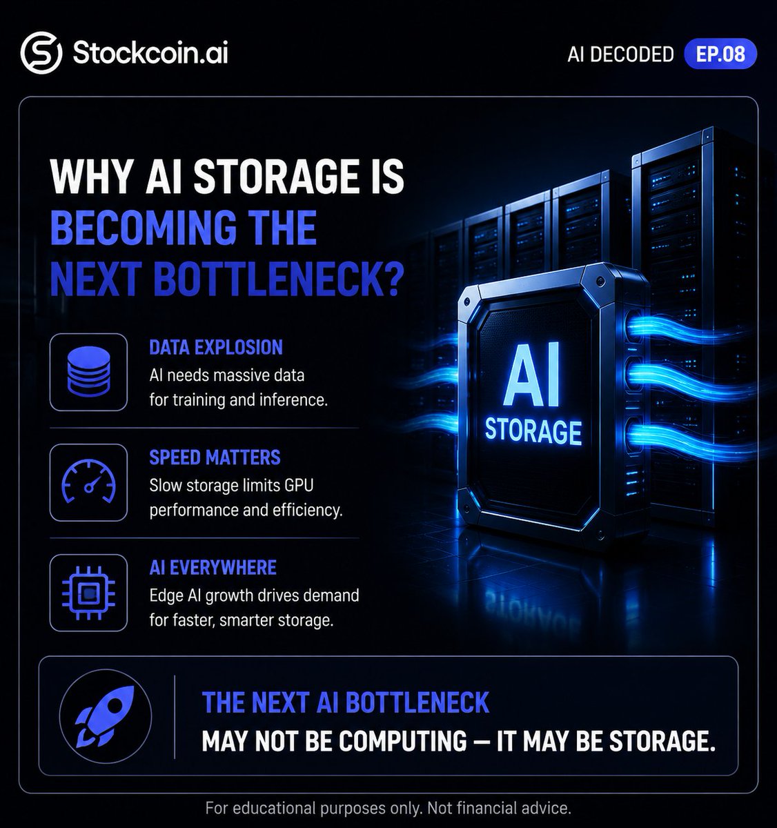 stockcoinai's tweet photo. Stockcoin AI Decoded
Ep. 08 |💡 Why AI Storage Is Becoming the Next Bottleneck?

🤖 AI needs more than computing power.
As AI models grow larger, storage is becoming a critical challenge.

📦 Why does AI need better storage?
1️⃣ Growing Data Demand
AI models require massive amounts of data for training and inference.
2️⃣ Speed Matters
Slow storage can limit GPU performance and reduce AI efficiency.
3️⃣ Edge AI Growth
AI is moving to devices, cars, and industrial systems — creating demand for faster, smarter storage.

🚀 Market Opportunity
High-performance storage, advanced packaging, and AI memory solutions are becoming key parts of the AI infrastructure.

🔍 One-line takeaway:
The next AI bottleneck may not be computing — it may be storage.

📌 For educational purposes only. Not financial advice.

📷