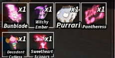 damnson27_'s tweet photo. WTS

Bunblade 120
Purrari 65
Pantheress 110
Sweetheart Scissors 35
Witchy 25
Decadent Cutlass 25 https://t.co/s4Mc0EBTsn