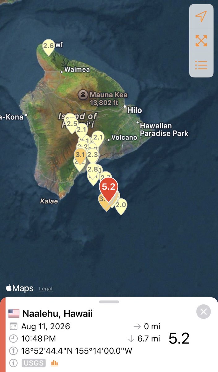 SeismoTracker's tweet photo. #Earthquake Breaking News 

A magnitude 5.2 earthquake has struck 42 km / 26 mi ESE of Naalehu, #Hawaii 

Magnitude: 5.2 
Epicenter Location: 18.879°N 155.233°W
Time: 2026-08-12 03:48:33 UTC
Depth: 10.7 km ( 6.6 mi) 
Intensity: IV 
Estimated Fatalities: Green 94%
Estimated Economic Losses: Green 94%