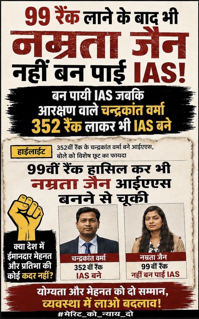 reservehtaoando's tweet photo. क्या सफलता का पैमाना योग्यता और मेहनत होना चाहिए?
क्या चयन प्रक्रिया में हर प्रतिभाशाली अभ्यर्थी को समान अवसर मिलना चाहिए?

बहस व्यक्ति की नहीं, व्यवस्था की होनी चाहिए।
#EndReservationsNow https://t.co/MdZsEFwkG4