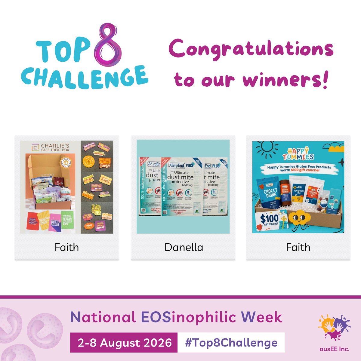 ausEEorg's tweet photo. #Top8Challenge winners!
Congratulations to Faith, our highest fundraiser, who raised $754 and also won our $8+ draw!
Danella won our $80+ draw!
Thank you to Happy Tummies, Charlie’s Safe Treat Box and AllergEnd for donating the prizes.
Donations are open: https://t.co/1ipvgqdO6D https://t.co/N12zzKkGXi