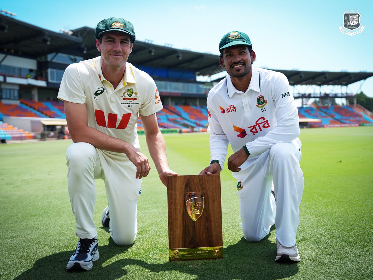 BCBtigers's tweet photo. The trophy is finally unveiled! The Australia vs Bangladesh Test Series 2026 trophy has officially been unveiled as the two sides get ready for an exciting Test battle Down Under. https://t.co/JL1r6FSVTR