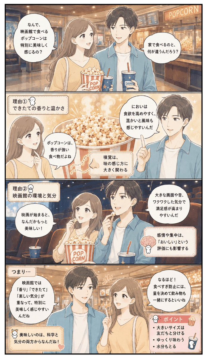 nande_lab's tweet photo. なんで、映画館で食べるポップコーンは特別に美味しく感じるの？
#豆知識 #雑学 #AIマンガ #AI生成
#マンガが読めるハッシュタグ https://t.co/CU9aQh0su5