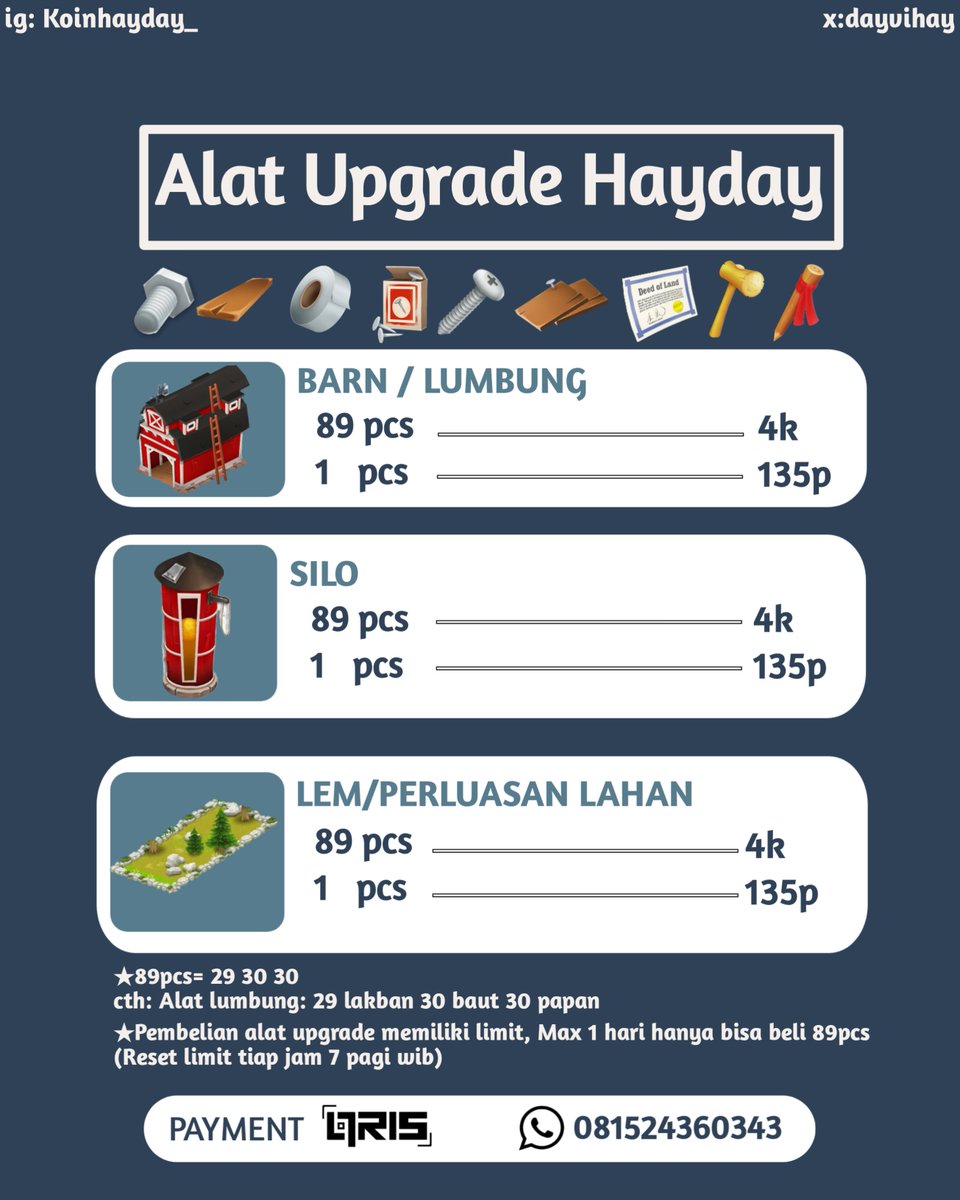 dayvihay's tweet photo. 🧚‍♀️ Open HayDay Needs 🧚‍♀️
Ꮺ  ⭒ ࣪ ˖  
Koin Hayday
Food / Badas
Alat begal/Tambang
Tanaman n Buah
Alat upgrade Lumbung/Silo 
Alat perluasan Lahan 
Voucher 
Ꮺ  ⭒ ࣪ ˖  
✓Bisa beli satuan
✓Koin bisa diisikan (No Fee) / Trade berdua https://t.co/vkuluxz7xY