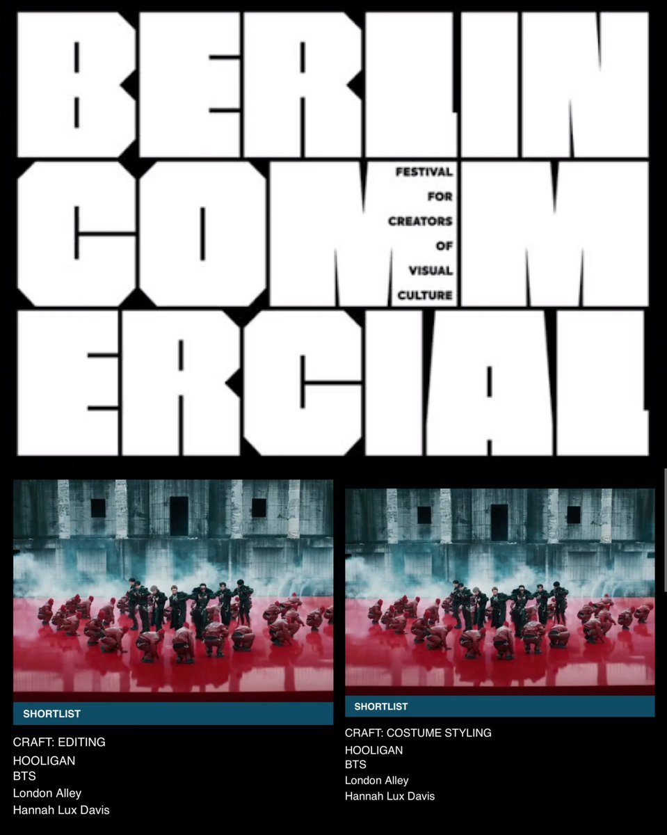 btsbase07's tweet photo. “Hooligan” MV by BTS has been shortlisted for the Berlin Commercial Awards in the ‘Craft: Editing &amp; Costume Styling’ category.

— The winner will be selected by an international jury of industry experts and announced on September 9. 🏆 https://t.co/ePcSm0bhtI