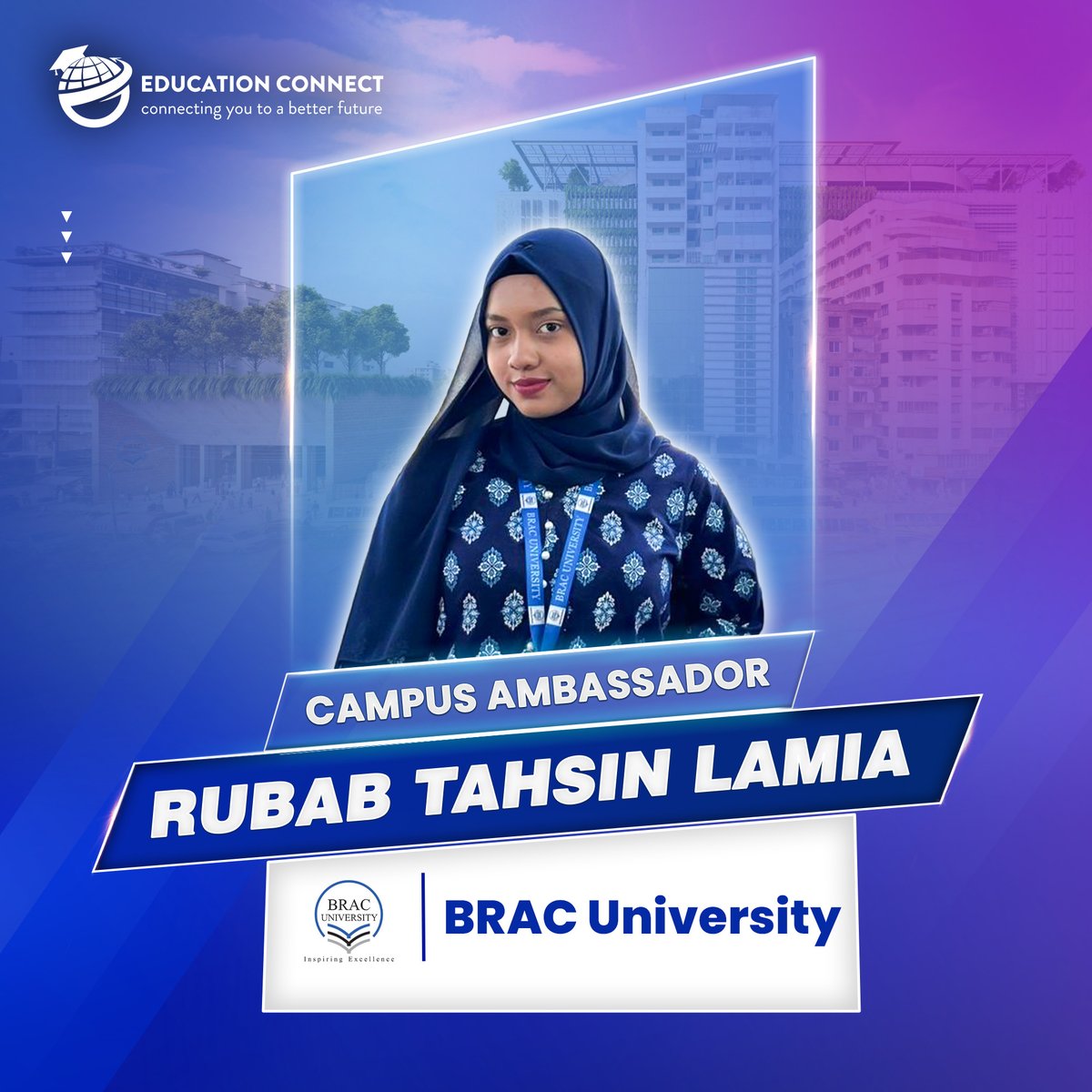 educonnectbd's tweet photo. We’re delighted to welcome Rubab Tahsin Lamia from BRAC University as our Campus Ambassador! 

As part of the Education Connect community, Lamia will help connect students with study-abroad opportunities, valuable information.✨ Welcome to the team!

#CampusAmbassador https://t.co/IpuAWdlaIQ