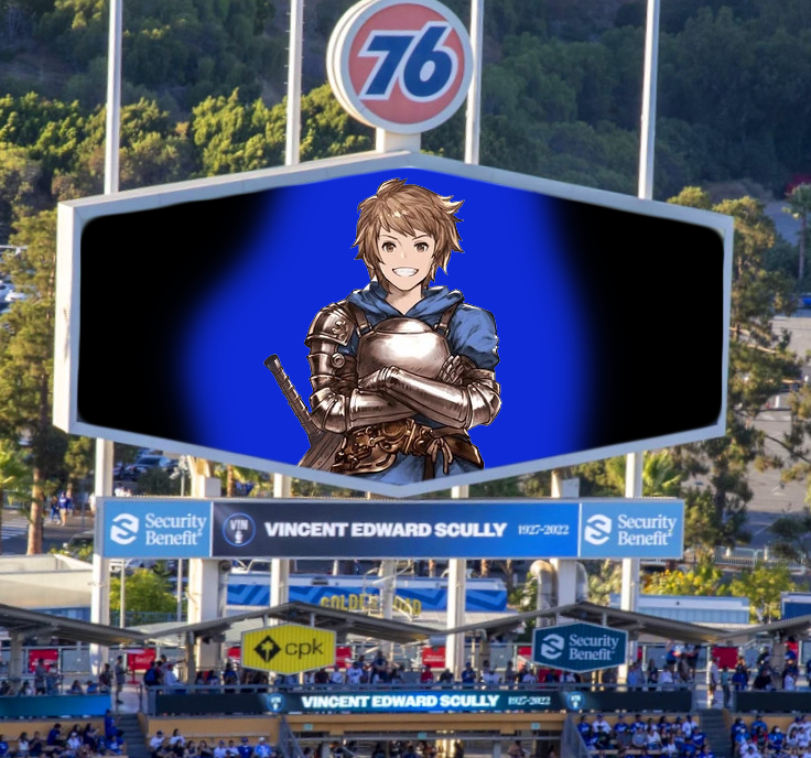Sploots's tweet photo. "UMAMUSUME AT A DODGERS GAME" as cygames instead shows john granblue in all his blue glory to advertise his hit game granblue fantasy relink endless ragnarok https://t.co/yUmCWgDX3P