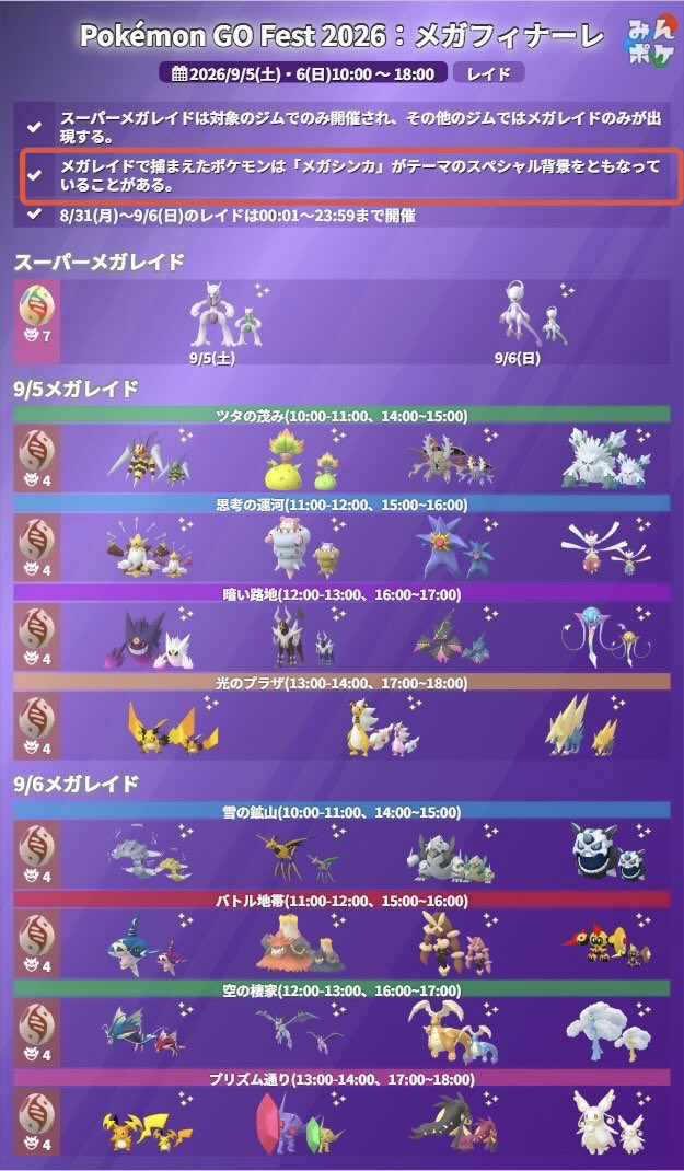 50okak's tweet photo. ◎メガアセンション
8/31(月)10:00〜9/4(金)23:59
◎ Pokémon GO Fest 2026：メガフィナーレ
9/5(土)10:00〜9/6(日)18:00

メガレイドは全てのメガシンカポケモンてわけではないのね🤔

・新スペシャル背景
つっても前回のメガ背景に追加エフェクトが加わるだけ👐🏻それでも欲しい人は欲しいか🤔公式ではメガレイド対象と。
ミュウツーはスーパーメガレイドだけどやっぱ対象てことで良いかな？
お腹一杯だけどやるしかない？😓

今までスーパーメガレイドだったウツボットや直近のライチュウもメガレイドで登場とのこと。これまでのバトルは何だったのか…
それでもスーパーマックスレベルまで開放できるのかな？？(たぶんできない)

やっぱカロス御三家は選択式タイムチャレンジ→フィナーレGOパスでスペシャル背景付き(メガエフェクト背景？)の選択ポケモンをゲットできると

新登場はカロス御三家メガ以外はないのね！😇

公式↓
https://t.co/2ZGN0975C3