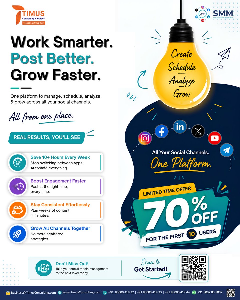 TimusServices's tweet photo. Stop juggling multiple tools for social media. 

Create, schedule, analyze &amp; grow - all from one platform.

⏱ Save 10+ hours/week

📈 Boost engagement

70% OFF for the first 10 users.

💬 Comment "SMM" or DM us to get started.

#SMM #SocialMediaManagement #DigitalMarketing https://t.co/m8avzktlkZ