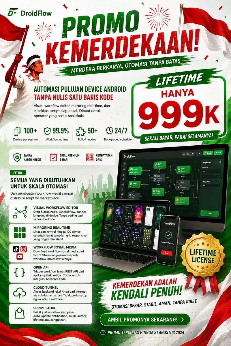 billyarrght's tweet photo. Automasi puluhan device Android tanpa nulis satu baris kode Visual workflow editor

jangan lupa masukan kupon "KEMERDEKAAN"
https://t.co/TlolmqJnhq

gass download
👇👇👇👇👇👇

https://t.co/30cLOUQoEW https://t.co/PpMwvWu71j