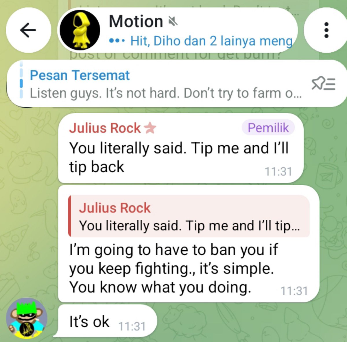 mulaibaca's tweet photo. Ternyata gaboleh saling tip ya ges ya. Mungkin kemarin masih bisa karena @motiontip belum aware bakalan ada yg ngelakuin gini. Sekarang udh ditingkatkan deh. Dari tadi aku ga bisa kirim tip $MOTION mungkin krn udh dibanned juga😭 https://t.co/udkT5Aa3Os
