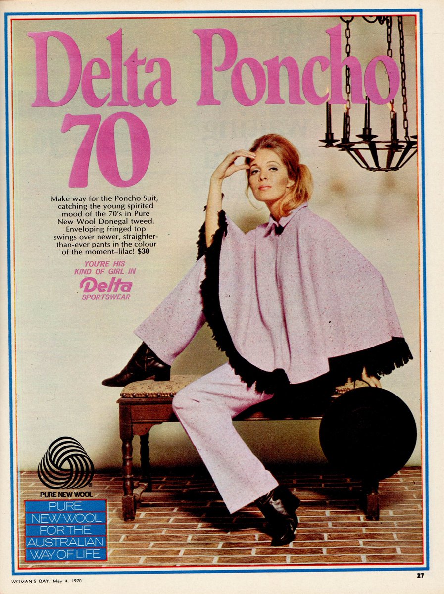 LaurenRosewarne's tweet photo. "Make way for the Poncho Suit, catching the young spirited mood of the 70's in Pure New Wool Donegal tweed..."

(https://t.co/xeNjM7sqs5)

Delta. Woman's Day, 1970. https://t.co/UaMJrcjwGv