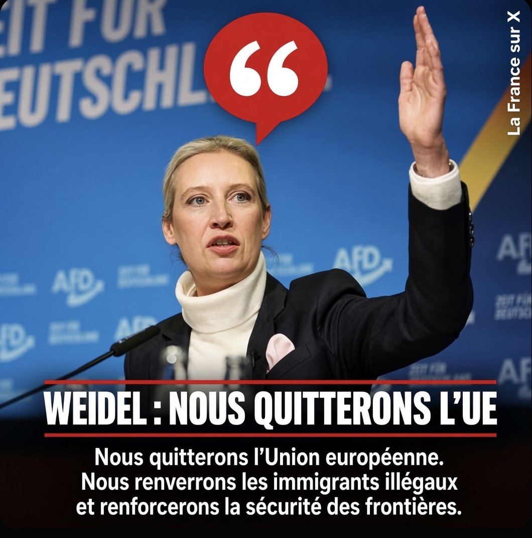la_france_sur_x's tweet photo. 🚨 ALICE WEIDEL : « NOUS QUITTERONS L’UNION EUROPÉENNE »

Nous renverrons les immigrants illégaux et renforcerons la sécurité des frontières.

Condamnez-vous cette déclaration ?

🇫🇷 Soutenez-nous en nous suivant sur 𝕏  🌐 Notre Telegram en cas de censure : https://t.co/7BI2uMGmUb 🇫🇷