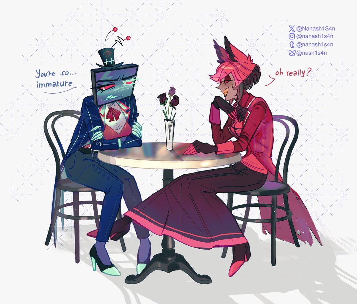 Nanash1S4n's tweet photo. an awkward date
#HazbinHotel #Alastor #Vox #RadioStatic #yuriostatic https://t.co/e4ksPnIKoc