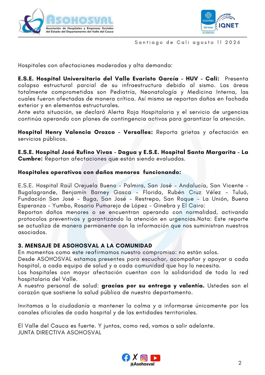Asohosval's tweet photo. 📢 COMUNICADO OFICIAL - ASOHOSVAL

Se informa a la comunidad vallecaucana el estado de la red hospitalaria tras el sismo del 10 de agosto de 2026.

En estos momentos difíciles reafirmamos: NO ESTÁN SOLOS 💚

Desde ASOHOSVAL estamos acompañando a cada hospital y equipo de salud. https://t.co/HLo0pXsQat