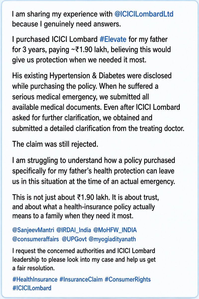 splashsunny's tweet photo. A health-insurance policy is a promise of support. What happens when that promise is tested?
I’m sharing my experience because customers deserve answers and accountability.
@ICICILombardLtd @SanjeevMantri @IRDAI_India @DFS_India @consumeraffairs @MoHFW_INDIA @UPGovt @MoHFW_INDIA https://t.co/TaVTI0zlAi