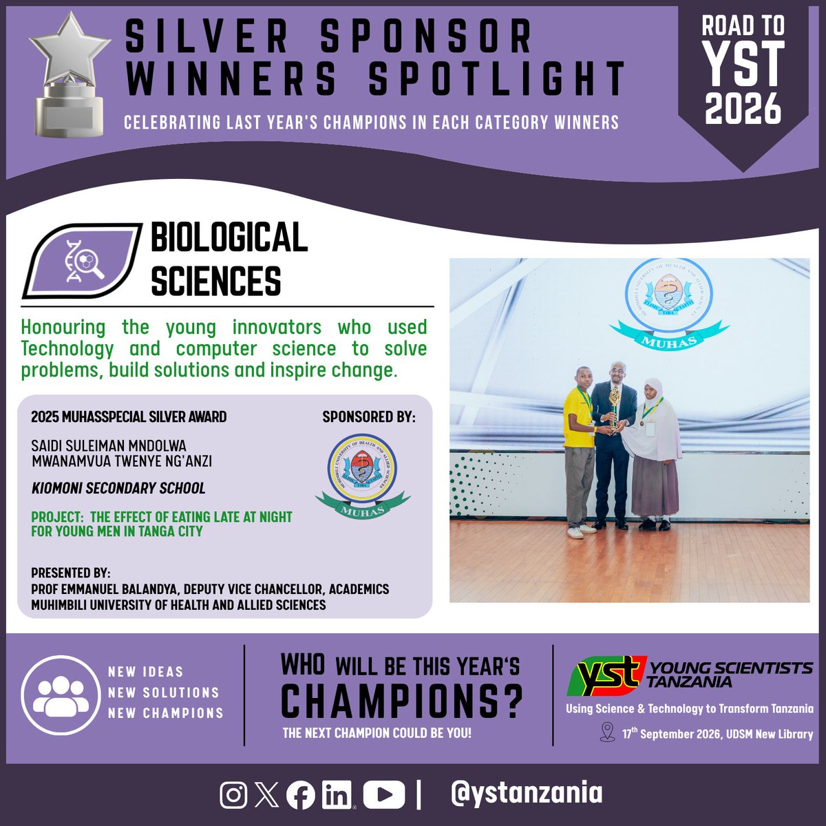 ystanzania's tweet photo. Meet the 2025 MUHAS Special Silver Award winners: Saidi Suleiman Mndolwa &amp; Mwanamvua Twenye Ng'anzi.

Their health-focused research earned special recognition.

Who will be next? 

#YST2026 #HealthResearch https://t.co/m9J1NjExuY