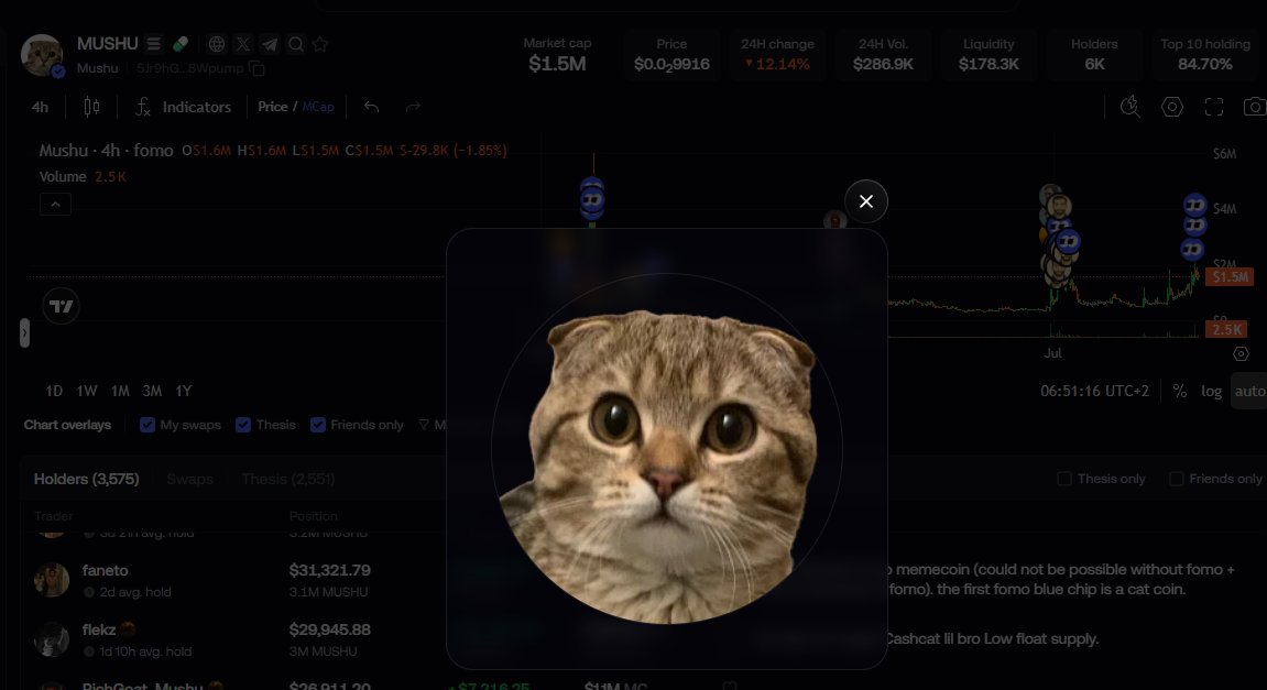 Achilles_guy's tweet photo. 90% of CT gonna miss the next cat runner $MUSHU.

You missed $CATE @PoorGoat_ , you missed $KITTY @artsch00lreject .

Y'all don't even realize who change is and what happens to this coin during a supply shock, remember around 90+% of supply is out of circulation. And 83% burned forever. I think one day this hits 100m mcap.