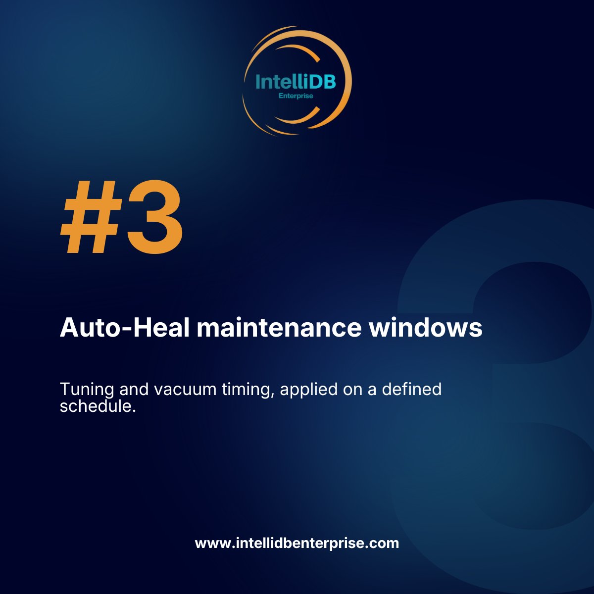 IntelliDBent's tweet photo. Part 2 - IntelliDB Enterprise is built on this: health-verified failover orchestration with a synthetic write probe confirming promotion, plus Auto-Heal windows running tuning/vacuum jobs on schedule. Reliability becomes designed, not dependent on who's on call. #Database #Data https://t.co/NMfBs8Rp0S