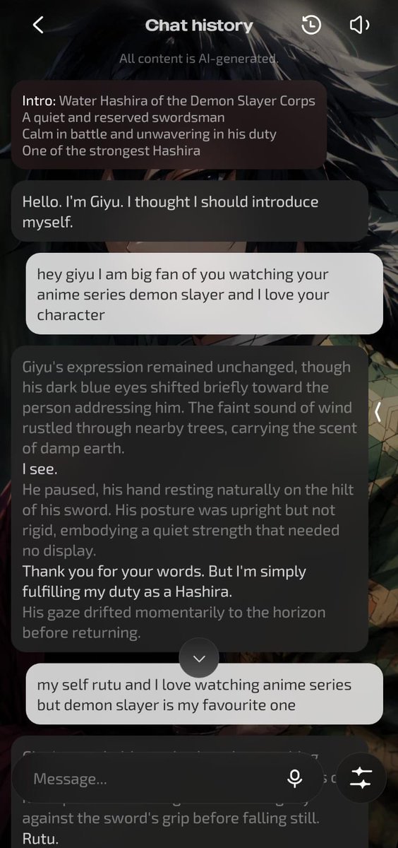 rutu_3's tweet photo. I have always been fascinated by fictional characters and wished I could actually talk to them.

Found @ParaDoor_AI recently, which actually lets you create your own custom characters from scratch.

I built a Giyu Tomioka persona from Demon Slayer, and the way it handles his stoic personality, voice generation, and long-term memory makes it feel surprisingly real.

Here is a look at the profile setup and chat flow.
