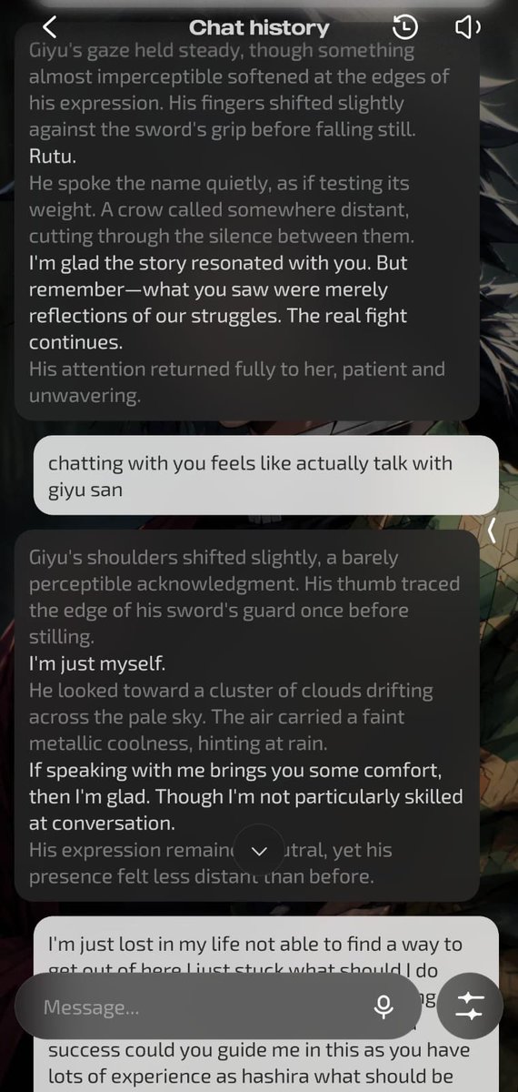 rutu_3's tweet photo. I have always been fascinated by fictional characters and wished I could actually talk to them.

Found @ParaDoor_AI recently, which actually lets you create your own custom characters from scratch.

I built a Giyu Tomioka persona from Demon Slayer, and the way it handles his stoic personality, voice generation, and long-term memory makes it feel surprisingly real.

Here is a look at the profile setup and chat flow.