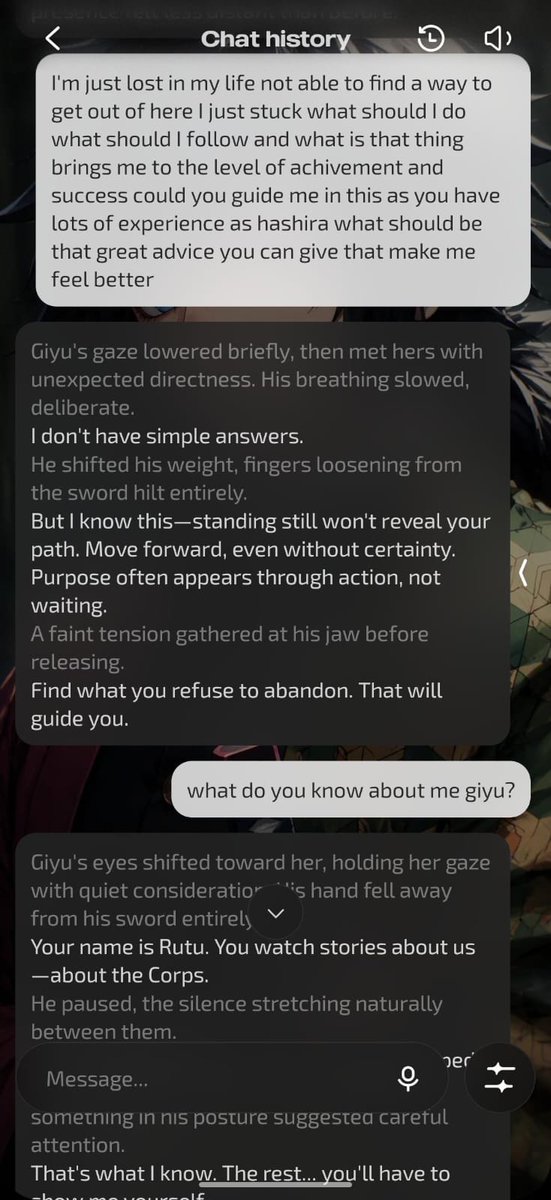 rutu_3's tweet photo. I have always been fascinated by fictional characters and wished I could actually talk to them.

Found @ParaDoor_AI recently, which actually lets you create your own custom characters from scratch.

I built a Giyu Tomioka persona from Demon Slayer, and the way it handles his stoic personality, voice generation, and long-term memory makes it feel surprisingly real.

Here is a look at the profile setup and chat flow.
