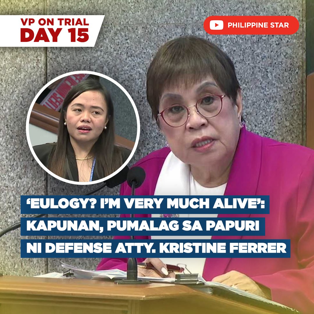 PhilippineStar's tweet photo. Napuno ng tensyon ang impeachment court matapos ang patuloy na objection ni prosecution counsel Lorna Kapunan sa paraan ng cross-examination ni defense counsel Kristine Ferrer na nauwi sa sagutan.

“I’m on cross, your Honor,” giit ni Ferrer. “‘Never mind if you’re on cross. There are limits to cross-examination. Misleading questions are not allowed on cross,” sagot naman ni Kapunan.

“They are allowed,” ani Ferrer. “I don’t think I need lecture you on that,” matalim na tugon ng prosekusyon.

“Counsels, please stop. Let’s not allow the generational or seeming generational divide increase the tension in the court room. Let’s keep it a notch lower,” paalala ni Presiding Officer Chiz Escudero sa dalawang kampo nitong Miyerkules, August 12, 2026.

Hindi napigilan magbigay ni Kapunan ng reaksyon. “Your Honor, please. I am preventing myself from giving her a spanking. That is what I would have done in the generational divide.”

Samantala, humingi rin ng oras si Ferrer na ipabatid ang kanyang reaksyon sa naging pahayag ni Kapunan na siyang pinayagan naman ng korte. “I have high respect for Atty. Kapunan. In fact, she’s one of my idols.”

“It might sound like a eulogy, Your Honor. I’m still very much alive,” pagpuputol ni Kapunan kay Ferrer na umani ng tawanan sa korte.

"Your honor, kahapon nga hindi ko nga siya kinukulit 'di ba? Kahit may mga questions na leading, hindi naman allowed 'yun sa direct examination eh,” pagpapatuloy ni Ferrer sa kanyang pahayag.

PANOORIN: https://t.co/n0Te6ULuno