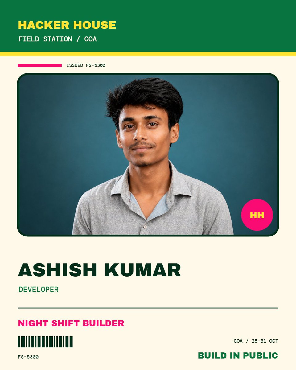 Ashishkr48's tweet photo. Built my own Builder ID generator for Hacker House Goa 2026 🌴📷
My HH Goa 2026 Builder ID is ready.
Make yours too: https://t.co/9acf3Mwiya
@247pmstudio
#FrameInGoa #HackerHouseGoa #HHGoa2026 https://t.co/6GPxIDysoc