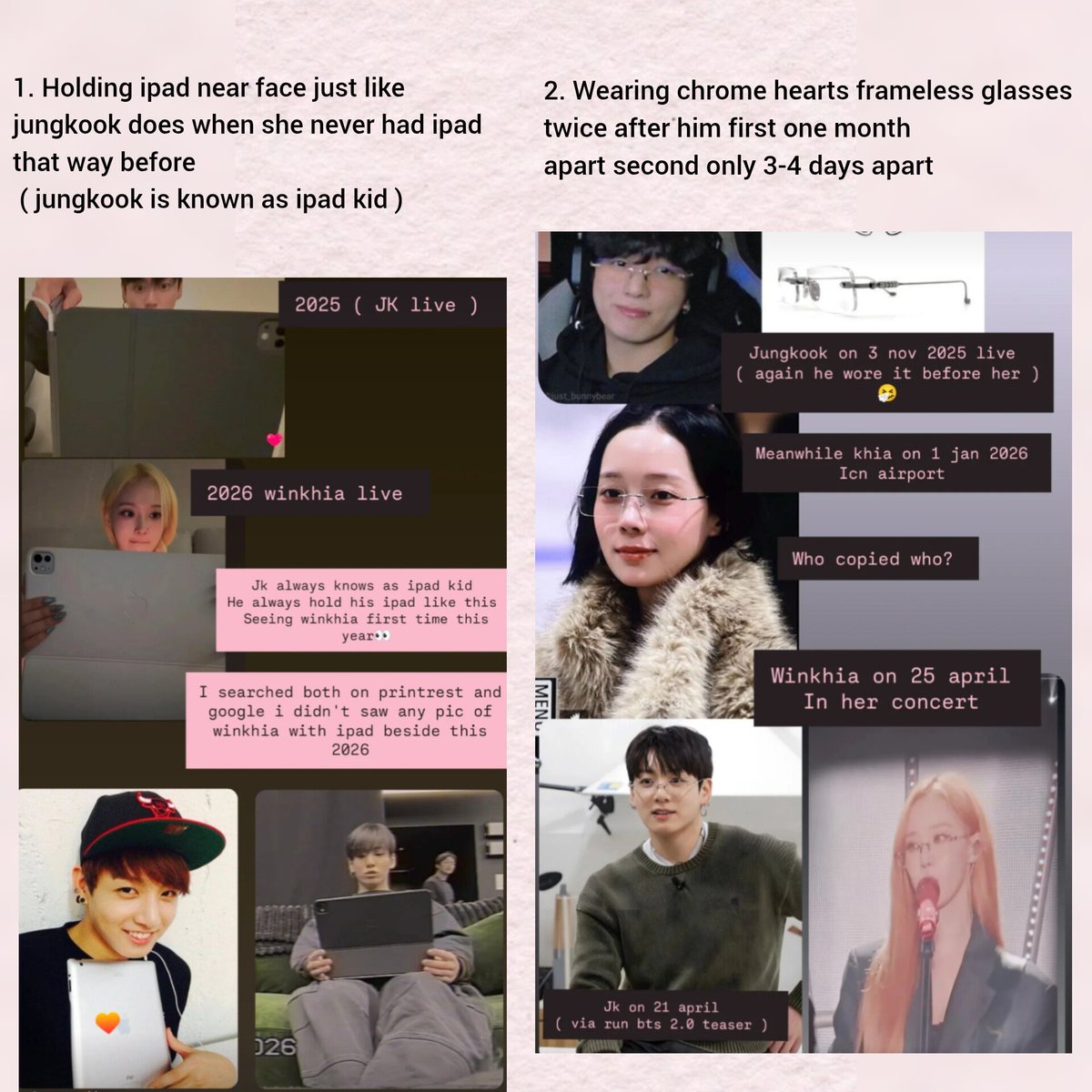 csdeikp's tweet photo. Since winkhia stans were listing things of jungkook copying their nugu favs here is the list of 20+ stuff their fav copied him ( meanwhile jungkook one wasn't even copy ) unlike that winkhia who's soo obvious of copying https://t.co/x0pU4QNRdF