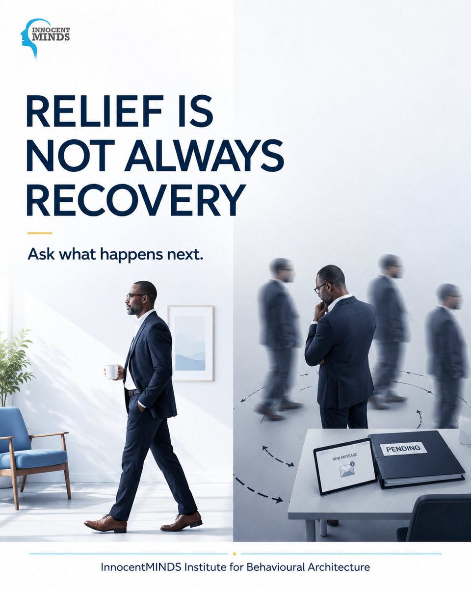 InnocentUsar's tweet photo. RELIEF IS NOT ALWAYS RECOVERY

One mistake leaders make is assuming that because something feels relieving, it must be healthy.

Not necessarily.

Relief tells you discomfort reduced.

It does not automatically tell you why.

You can feel relief because you slept after three brutal weeks.

Good.

You can also feel relief because you cancelled the conversation you were afraid to have.

Those are not the same behavioural event.

A founder says:

“I need space.”

Fine.

What does the space produce?

Better judgement?

Clearer decisions?

Less reactivity?

Or ten more days of organisational uncertainty?

A parent withdraws after feeling overwhelmed.

Did the pause help them return more regulated?

Or did everybody in the house learn to walk around their silence?

A professional postpones an important decision because they are “thinking.”

Did reflection create clarity?

Or did it simply make avoidance sound intelligent?

Behavioural Architecture does not ask only:

“How do you feel?”

It also asks:

What is the behaviour doing?

What does it protect?

What does it prevent?

What does it produce afterwards?

Rest can be deeply responsible.

Avoidance can feel incredibly relieving.

Learn the difference.

Your feelings matter.

So does the evidence.

Innocent Usar
Behavioural Architect

#Leadership
#BehaviouralArchitecture
#DecisionMaking
#SelfLeadership