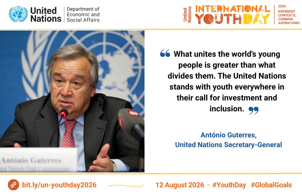 UN_Botswana's tweet photo. “What unites the world’s young people is greater than what divides them. The United Nations stands with youth everywhere in their call for investment and inclusion.” @UN SG Antonio Guterres

🌍 Different Contexts, Common Aspirations
👉 https://t.co/yPJQZDau06
#YouthDay #SDGs https://t.co/K2AuPEXf2r