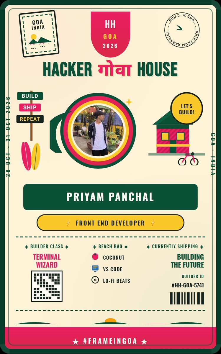 joshipranay7's tweet photo. The Team Impact Solver submission for the HH Goa β26 Open Trial is live.
HH Goa β26 Builder ID Generator Upload β Customize β Generate β Download
Try it here π
https://t.co/A0FBbzgCWA
Now let's see what I can build in Goa.
#HHGoa26 https://t.co/nIeKsSwlOT