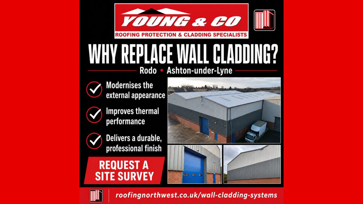YoungCoRoofing's tweet photo. π’ Why replace wall cladding?
β Modernise your building
β Improve thermal performance
β Protect the building envelope
β Deliver a durable, professional finish
Request a site survey:
π https://t.co/LJpyxiW8hb
π 0161 339 9637
#WallCladding #IndustrialCladding #YoungAndCo https://t.co/XWU1UoDou7