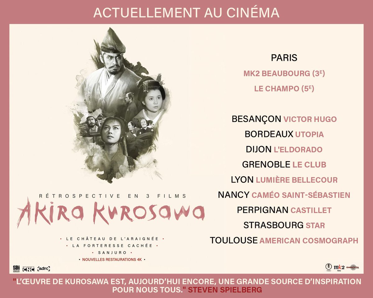 CarlottaFilms's tweet photo. [Sortie cinéma]
La rétrospective AKIRA KUROSAWA EN 3 FILMS c’est dès ajd au cinéma ! 
Foncez (re)découvrir LE CHÂTEAU DE L’ARAIGNÉE, LA FORTERESSE CACHÉE, et SANJURO, dans leurs nouvelles restaurations 4K. 3 films mythiques du grand cinéaste japonais à voir à Paris et en régions. https://t.co/Wza8K2Gm5E