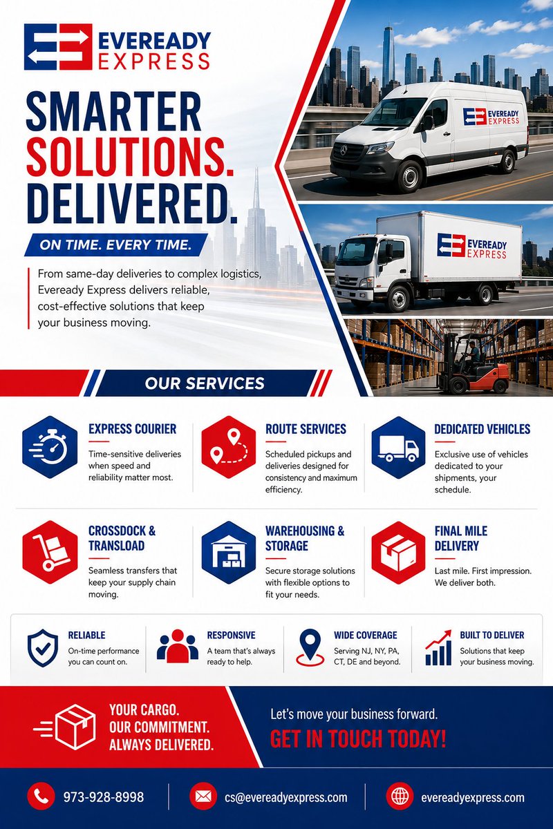 EvereadyExpress's tweet photo. 🚚 Smarter logistics. Reliable delivery. Eveready Express keeps NJ, NY &amp; PA businesses moving with courier, route, warehousing &amp; final-mile solutions. #Logistics #NJBusiness https://t.co/65Gj6b9bfC