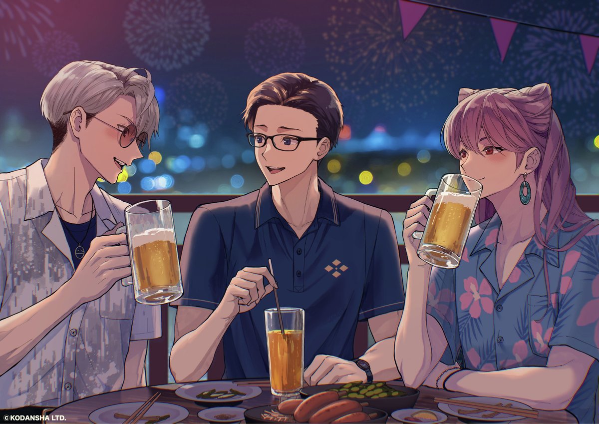 hundrednote100's tweet photo. 本日は苦労人3人でビアガーデン🍺

誰がどんな話題を振っていると思いますか？

①名探偵の自慢
②名探偵の愚痴
③名探偵のプレゼン

ぜひリプライで教えてください💭

#枯柳杖道 #塔翠 #紫陽花権兵衛
イラスト：エイチエム（@eichi_em3） https://t.co/QbULfzIPKC