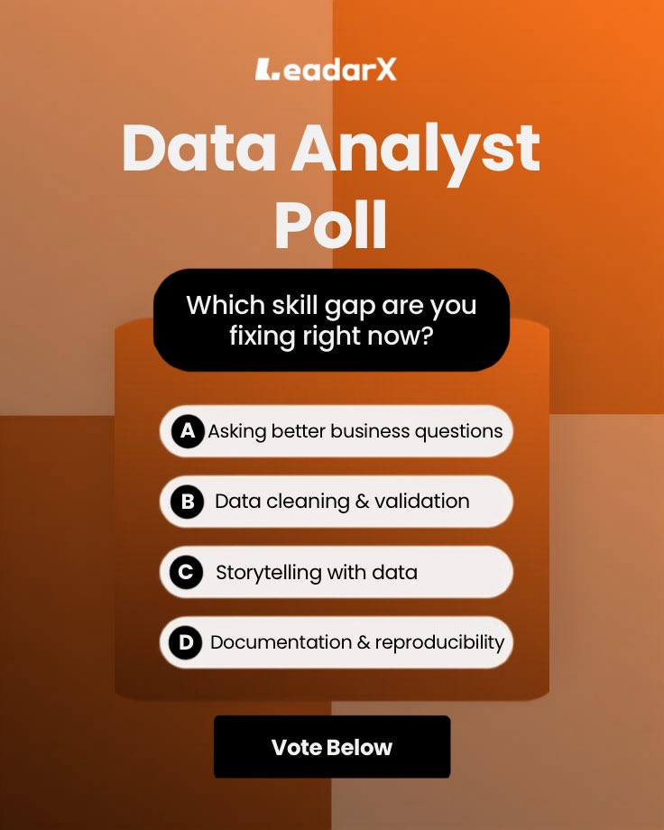 leadarxhq's tweet photo. Be honest 😅
Data Analysts, what are you working on improving this month?

Let us know in the comments!

#Leadarx #Analytics #DataCareer #PollTime #DataAnalyst https://t.co/iIIi9ERWpq