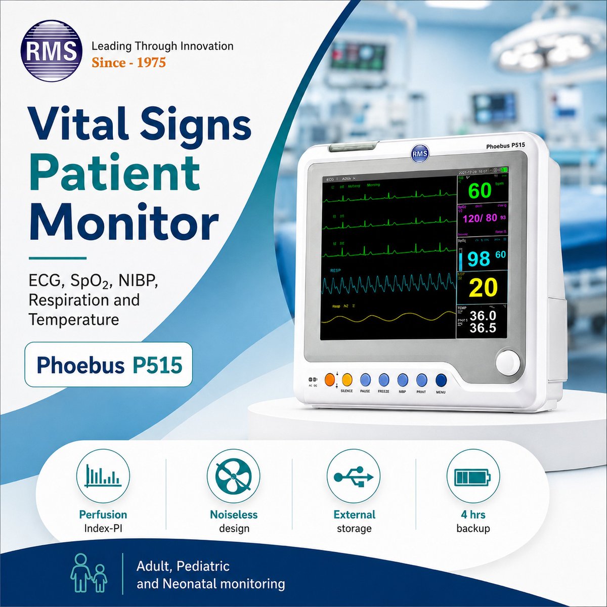 INDIA_RMS's tweet photo. Reliable Monitoring for Better #PatientCare!
#RMS Phoebus P515 #Vital #Signs #Patient #Monitor is designed for #accurate & continuous #monitoring of #essential #patient parameters.
#PatientMonitor #VitalSignsMonitor #PhoebusP515 #criticalcare #PatientCare #HealthcareTechnology https://t.co/4WxQ4PF7k5