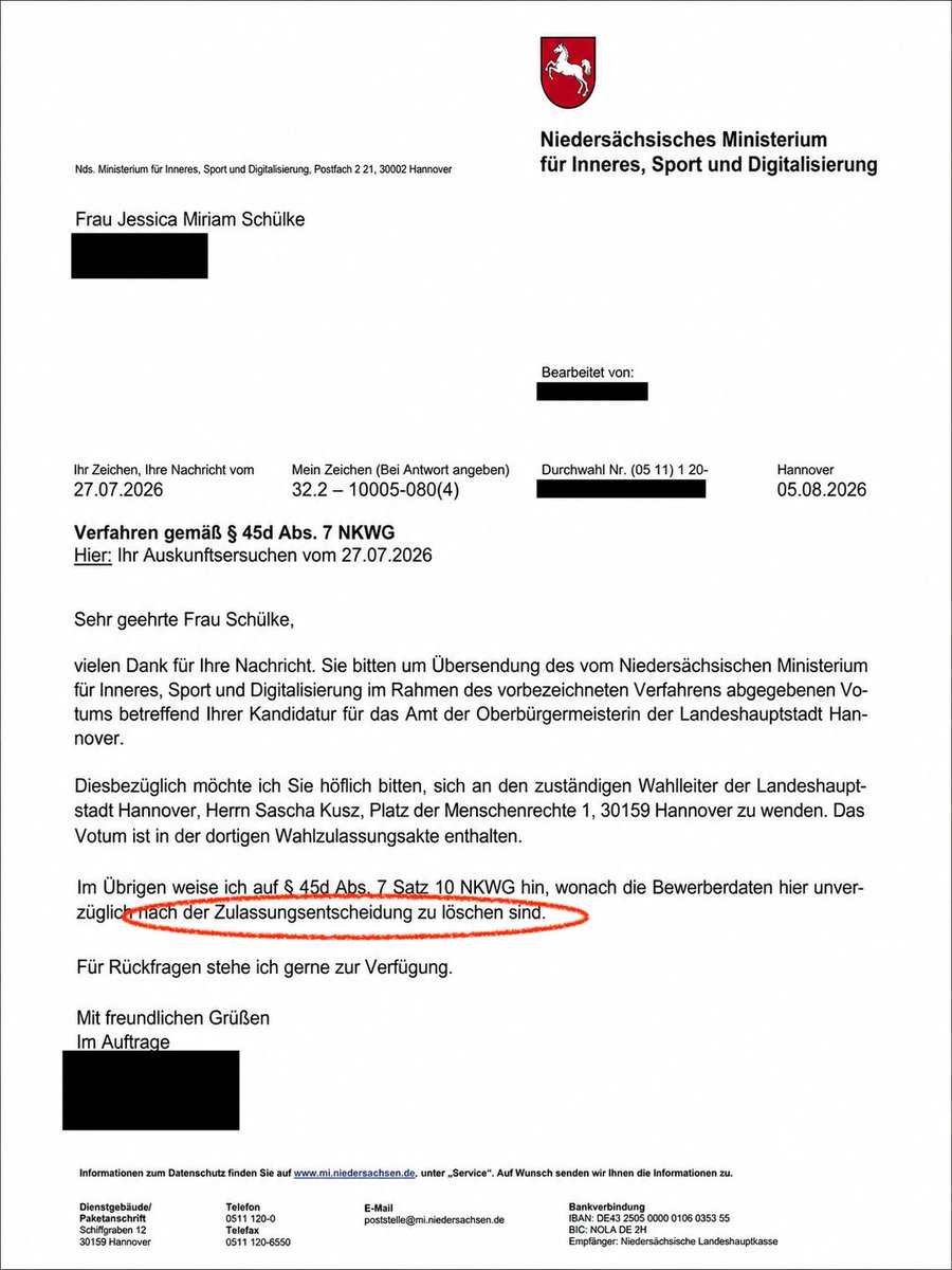 dg_graeber's tweet photo. Das SPD-Innenministerium in Niedersachsen wollte die AfD-Abgeordnete Jessica Schülke als Oberbürgermeisterin von Hannover verhindern. Jetzt werden Spuren verwischt. Der Wahlleiter will ihre Akte nicht herausgeben. Das Ministerium sagt, sie wurde gelöscht. https://t.co/NbmOh5snq1 https://t.co/RObdfLLqwg