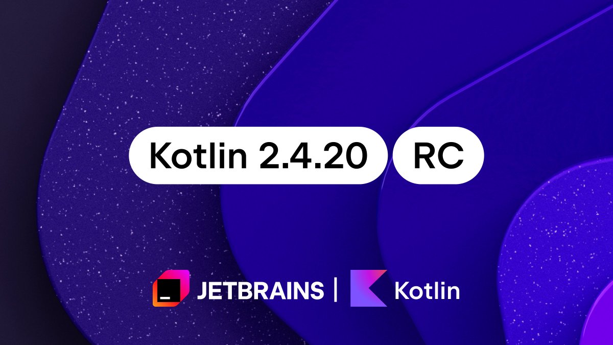 kotlin's tweet photo. 📢 Kotlin 2.4.20-RC is out! Here are some of the highlights:

✅ Standard library: Support for coroutine stack trace recovery and new functions for checking equality and uniqueness of collection elements
✅ Kotlin/Native: New Swift export features, and the first Kotlin compiler native image
✅ Kotlin/Wasm: Changes to top-level require() calls in @JsFun declarations, improved companion object initialization order, and support for Wasmtime in the Kotlin Gradle plugin
✅ Kotlin/JS: New DSL for browser-testing and support for exporting suspend lambdas as async functions
✅ Build tools API: Support for new targets: Kotlin/JS, Kotlin/Wasm, and Kotlin metadata
Try it out: https://t.co/0SNsEQjYOB