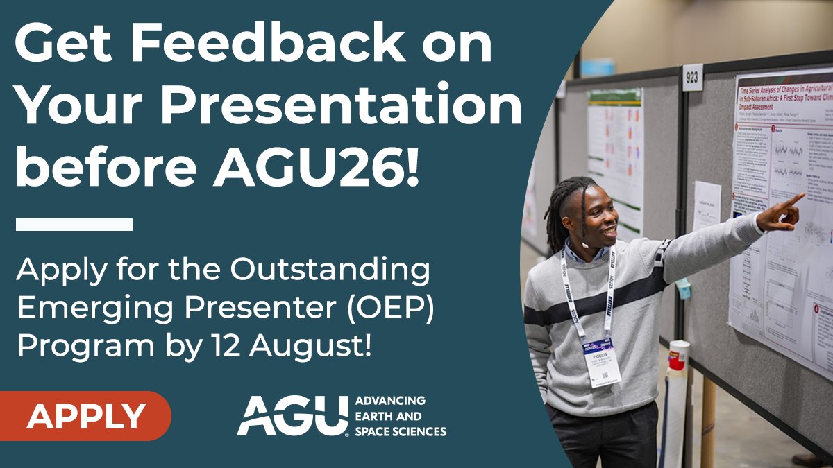 theAGU's tweet photo. 🚨 If you're a student, a first-time presenter at #AGU26, or someone presenting from a low and lower-middle income country, apply for the NEW Outstanding Emerging Presenters #OEP Program by 12 August.

The OEP Program provides valuable feedback and support before AGU26 to help you refine your presentation and build confidence before presenting at the AGU Annual Meeting.

As an OEP participant, you'll also have the opportunity to connect with peers before the meeting and become eligible for a section-designated Outstanding Emerging Presenters award.

Apply today! 📲 https://t.co/WR7i8ttPwe