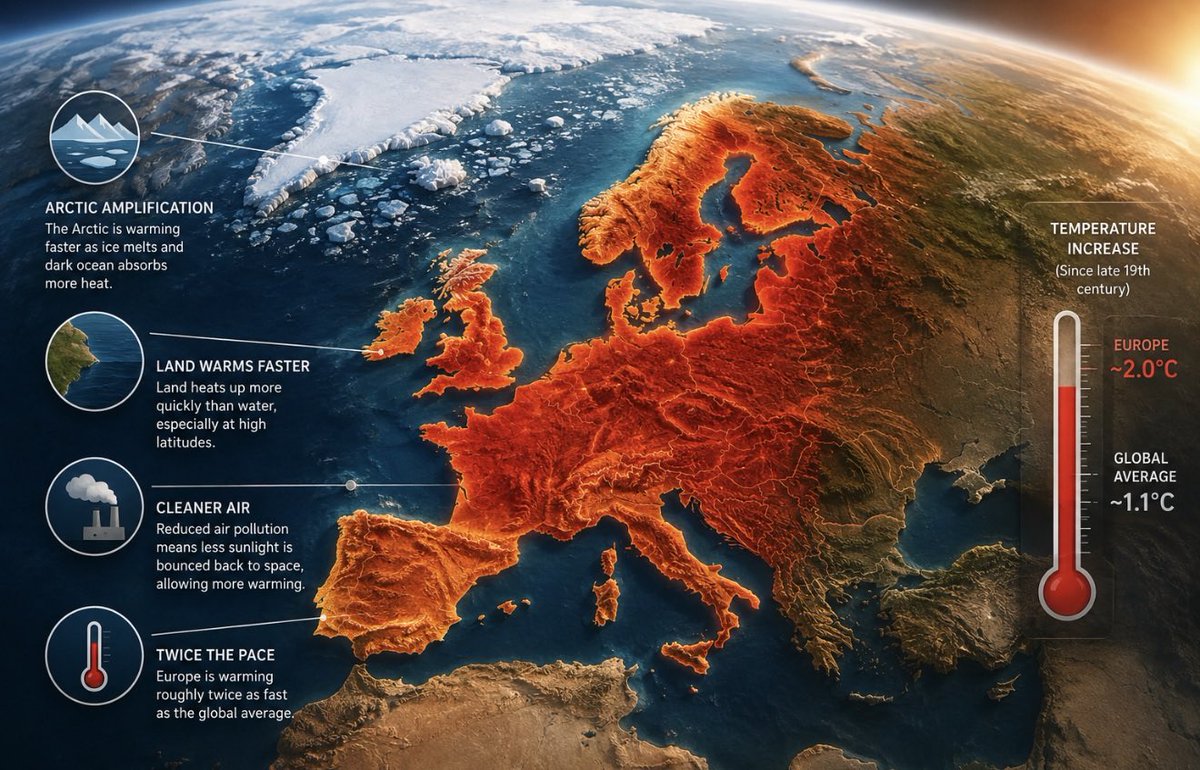 Microinteracti1's tweet photo. Why Europe Is the Fastest-Warming Continent. 

Here is a curious thing about our warming planet: it doesn’t warm evenly. The physics are the same everywhere, but geography plays favorites, and Europe has drawn the short straw. The continent is heating up roughly twice as fast as the global average, which seems unfair until you look at a map and see why.

Europe sits uncomfortably close to the Arctic, which is warming faster than anywhere on Earth as its reflective ice gives way to dark, heat-absorbing ocean. Land also warms faster than water, and Europe is a big lump of land parked at high latitude. 

Then there’s the clean air problem, of all things. For decades, Europe’s industrial haze acted like a dirty parasol, bouncing sunlight back into space. When the continent cleaned up its act, the parasol vanished, and the full warming finally showed through.

None of this requires believing anyone’s politics. It just requires believing in thermometers, and thermometers, inconveniently, have no agenda.
