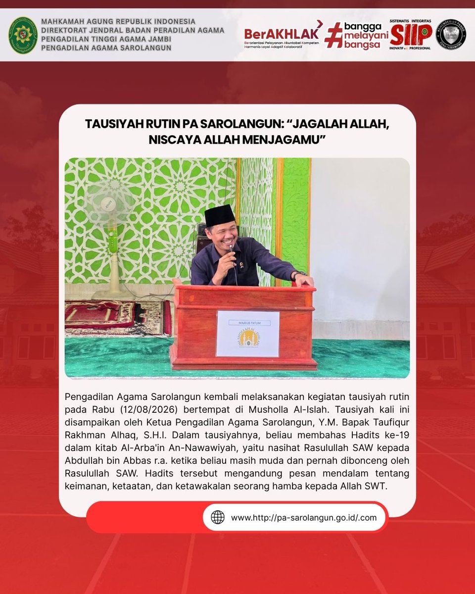 PASarolangun's tweet photo. [Rabu, 12 Agustus 2026]

Tausiyah Rutin PA Sarolangun: “Jagalah Allah, Niscaya Allah Menjagamu” https://t.co/y0hkFbQhyr