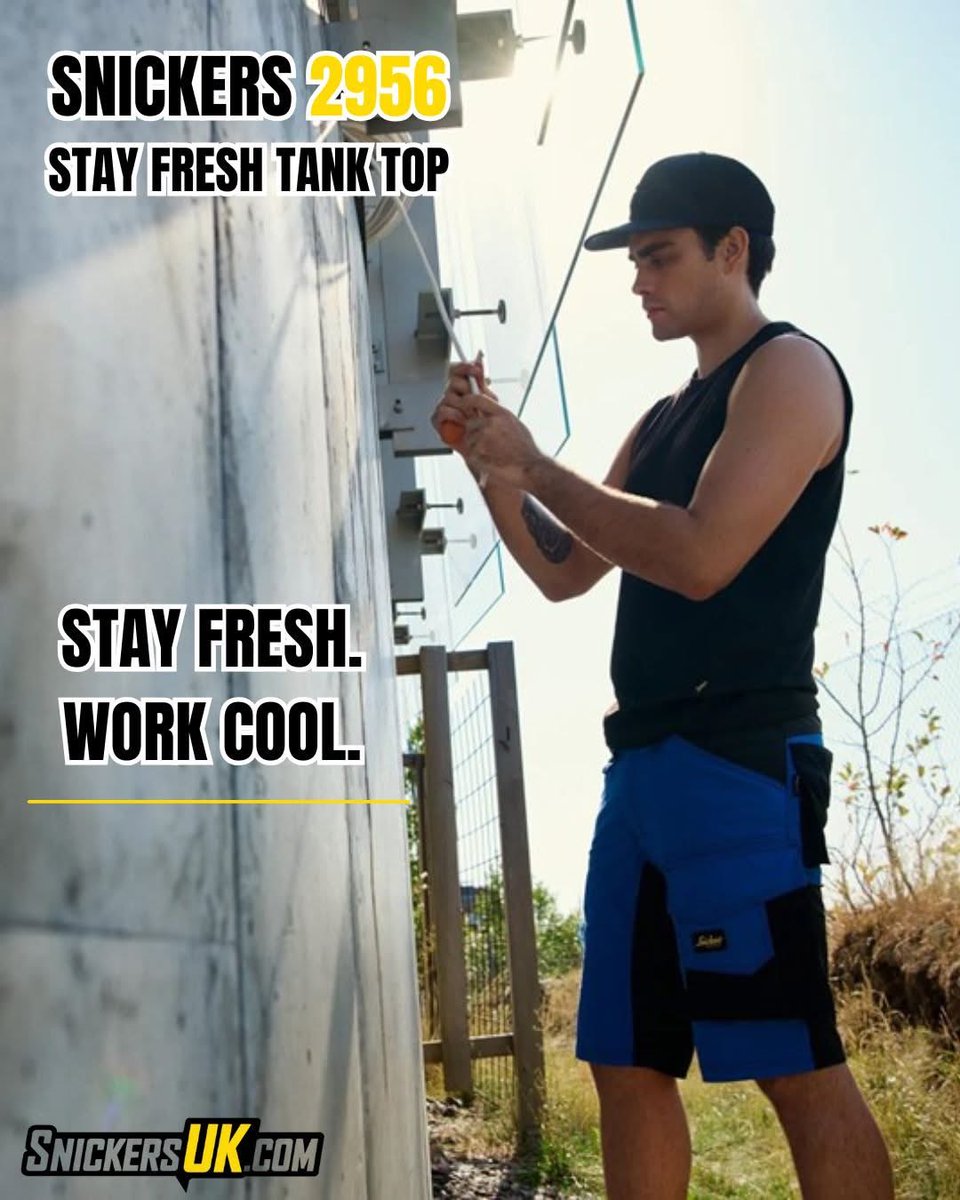 SnickersUKcom's tweet photo. **Stay Fresh. Work Cool.☀️**

The Snickers 2956 Stay Fresh Tank Top is built for warmer working days.

🌿 Bamboo charcoal-infused fabric
💧 Quick drying
☀️ UPF 50+ tested
💨 Lightweight &amp; breathable

Shop now 👇
https://t.co/aEOzGfvxeS

#SnickersWorkwear #WorkwearUK https://t.co/h7NoAlApUq
