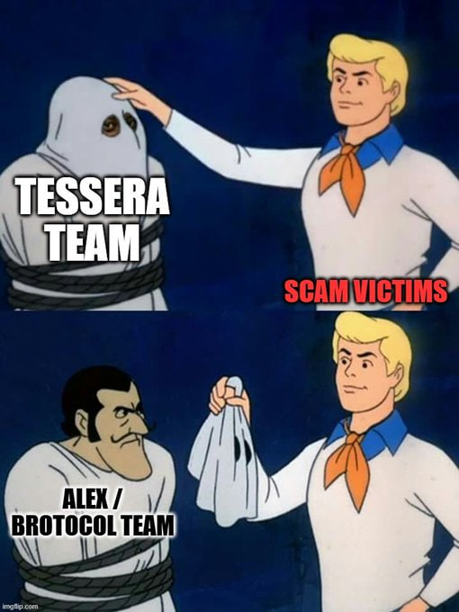 Unclejaimie's tweet photo. @MrTimister @Riowgmi @Tessera_PE Yess, They are on a streak, Tessera successfully scammed community twice with Alex and Brotocol

Now its time for hattrick https://t.co/0s1PssvCEv