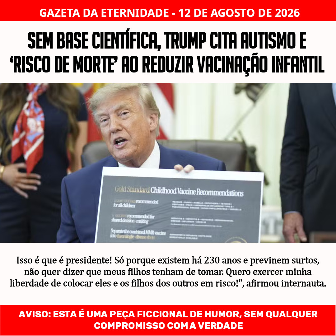 gazeta_da's tweet photo. Sem base científica, Trump cita autismo e ‘risco de morte’ ao reduzir vacinação infantil

#humor #gazetadaeternidade #negacionismo #antivacina #trump https://t.co/9ekfknLr63