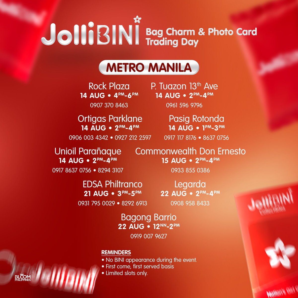 TEAMBLOOMPH's tweet photo. Okay, BLOOMS… time to check those binders and bag charms! 👀🌸

May dupe ka ba? May hinahanap ka pa? 👀 This is your chance to trade with fellow Blooms and hopefully take home a collectible you’ve been looking for! 🫶

Let’s make the JolliBINI Trading Day a fun Bloom gathering! 🐝❤️

Jollibee Main Post: 
🔗: https://t.co/xShw2XyI9g 

📍 Check your nearest participating Jollibee store and register!
☔ Rainy season reminder: Bring your umbrella and stay safe, Blooms!

#CharmedByJolliBINI 
#JolliBINI #BINI