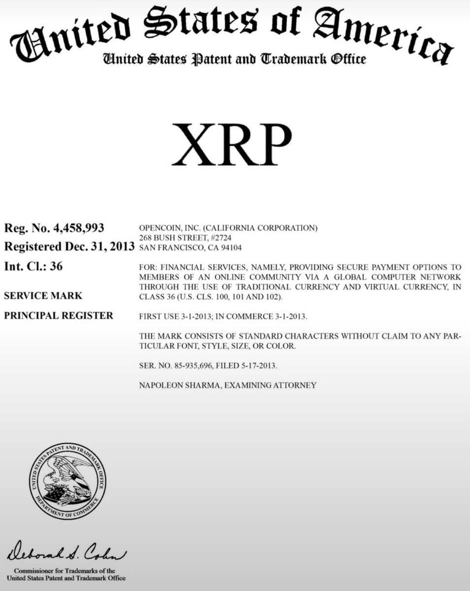 jake_claver05's tweet photo. MASSIVE: 🇺🇸Ripple officially trademarked “#XRP” with the U.S. Patent and Trademark Office — Registration No. 4,458,993. 👈589 https://t.co/ODwWzYWNmC