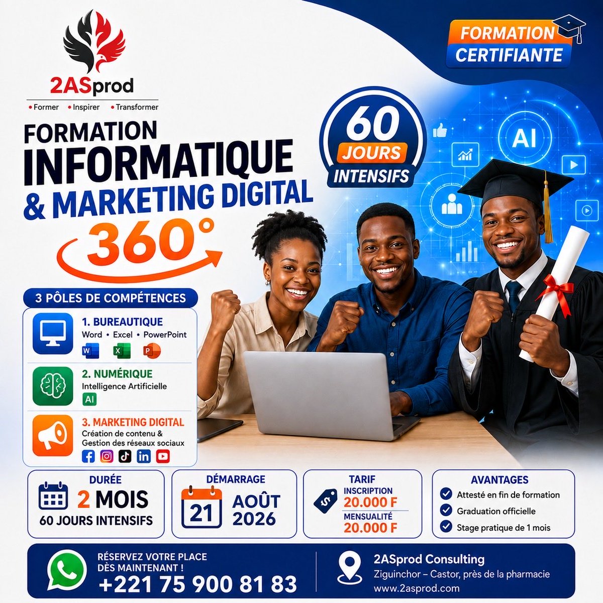 InstitutASprod's tweet photo. *🎓 SESSION VACANCES 2026 – 2ASprod*
Profitez de vos vacances pour vous former en 2 mois !

✅ Formation pratique
✅ Attestation de fin de formation
✅ Graduation
✅ Stage pratique

Places limitées — inscrivez-vous dès maintenant  au formulaire ci-après ! https://t.co/0werGvxW7G https://t.co/aUtJvanOFH